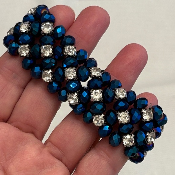 Dazzling Sapphire Blue Beaded Sparkling Elastic Bracelet, Rhinestone Jewelry - Picture 5 of 6